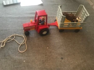 FISHER PRICE HUSKY HELPER FARM TRACTOR, TRAILER, BULL & FARMER - Picture 1 of 8