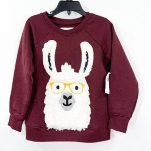 Old Navy NWT Llama Sweatshirt Kids 5T Maroon Fluffy Glasses Graphic Crew - Picture 1 of 5