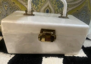 Estuche de Maquillaje Cosméticos Vintage Blanco Perla Mármol Lucite Caja Monedero Rockabilly - Imagen 1 de 9