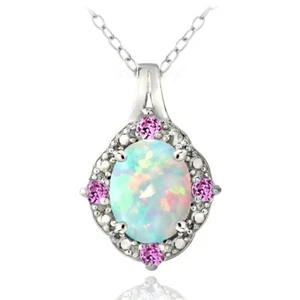 925 Lab Created Opal & Pink Sapphire Diamond Accent Oval Necklace - Picture 1 of 3