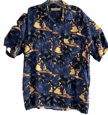 Munsingwear Blue Hawaiian Pinup Surfer Girl Button-Up Short Sleeve Shirt Size M - Image 1 of 4
