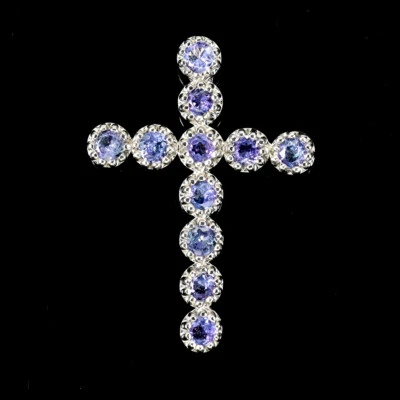 925纯银吊坠圆形坦桑石3毫米天然宝石十字架首饰 — 第 1/4 张图片