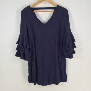 Linen lux womens tunic blouse size S navy blue 3/4 sleeve Vneck 075223 - Picture 1 of 9