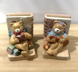 Ceramic Boy & Girl Teddy Bear Bookends Baby Kids Room Farmhouse FLAWED READ - Picture 1 of 13