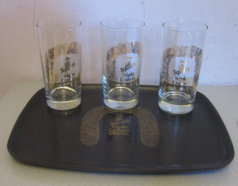 vintage SQUIRT TRIPLE CROWN CLASSIC 3 Glass Tumblers Couroc Tray Set Horseshoe Cover