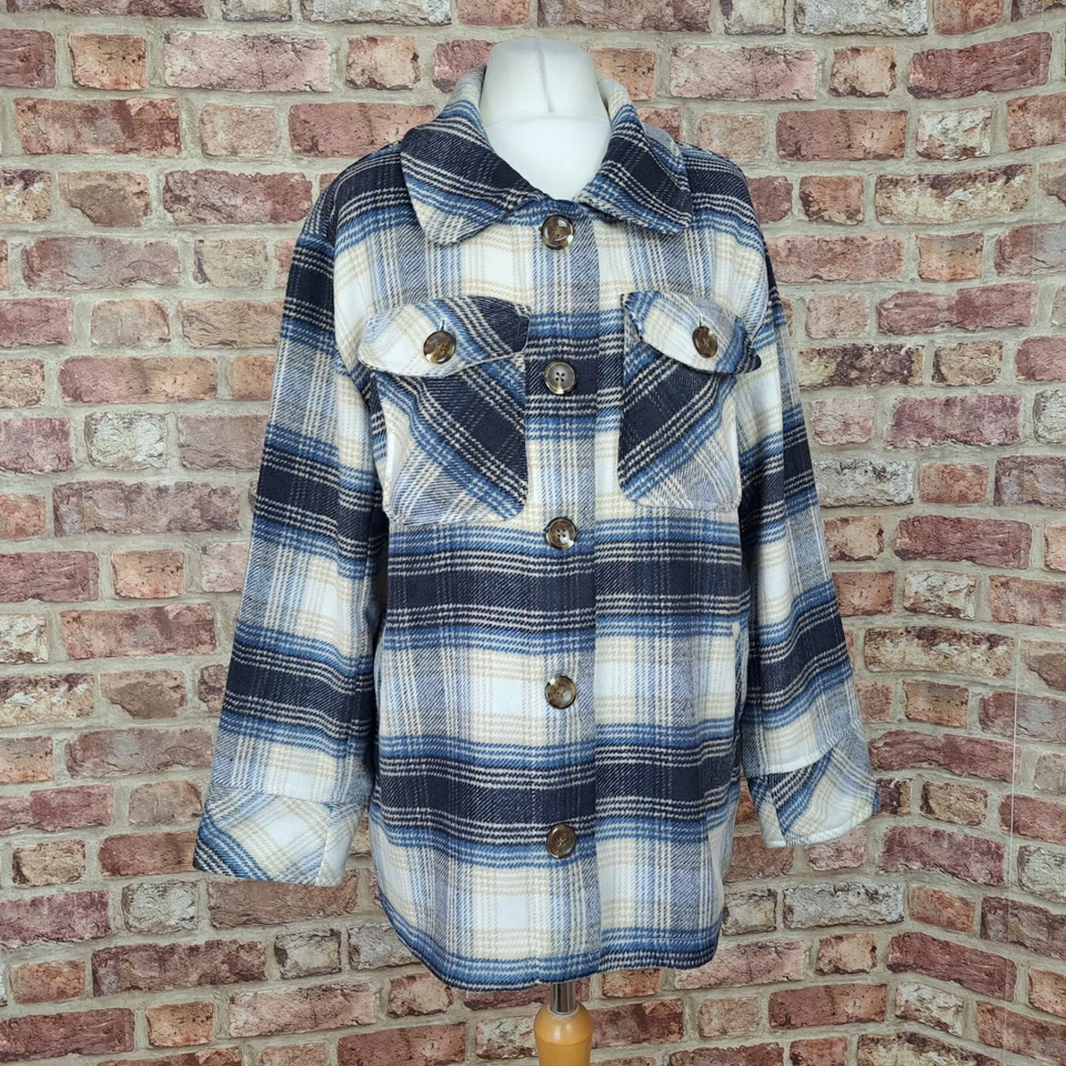 Camisa Kensie Shacket Franela Pesada Mujer Pequeña Suave Azul Crema Cuadros Talla Grande Foto 1 de 4