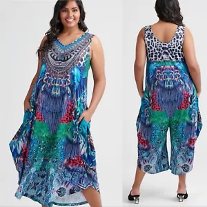 TS Taking Shape Jumpsuit 18 M Multicoloured Rhinestones Wide Leg Pockets Boho - Picture 1 of 14