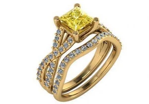 1.65 ct GIA fancy intense yellow VS2 princess cut diamond engagement ring set - Picture 1 of 2