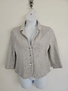 eci New York Gray Silver Sequin Sweater Jacket Large 3/4 Sleeve Collar 3 button - Picture 1 of 14