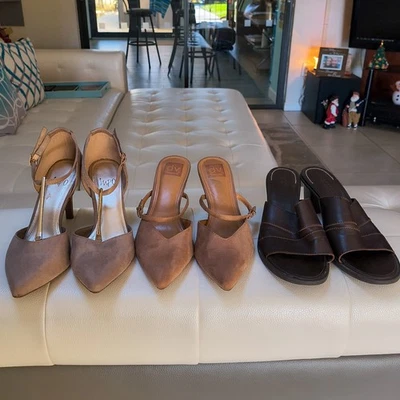Women's Size 9 Heels Lot Of 3 Pairs Beige Tan Faux Suede Brown Genuine Leather - Image 1 of 4