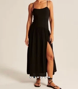 NEW Abercrombie Mixed Fabric Drop Waist Midi Dress Slit Large Tall Black NWT - Picture 1 of 11
