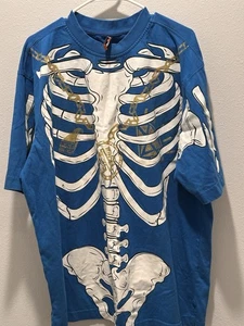 Y2K RAW BLUE 2XL HERREN SHIRT Glow SKELETT HIP-HOP Gold KETTE O.G - Bild 1 von 4