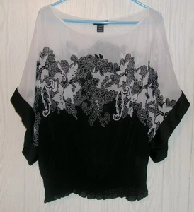 Apostrophe Batwing Top Size Black & White Floral Smocked Waist Women's XL NWOT - Picture 1 of 9