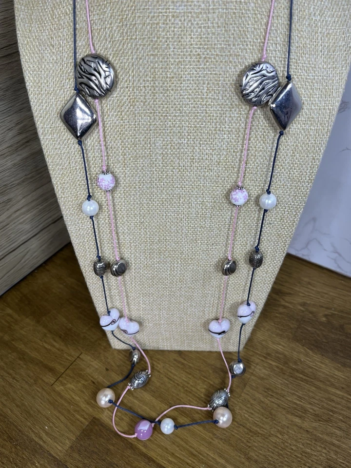 2 Bead Necklaces Long Pink & Blue Glass Heart & Mixed Station Layering 202 - Image 1 of 4