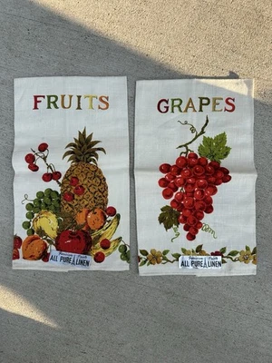 Vintage Set of 2 PARISIAN PRINTS Linen tea towels Grapes Fruits NEW! - Image 1 of 4