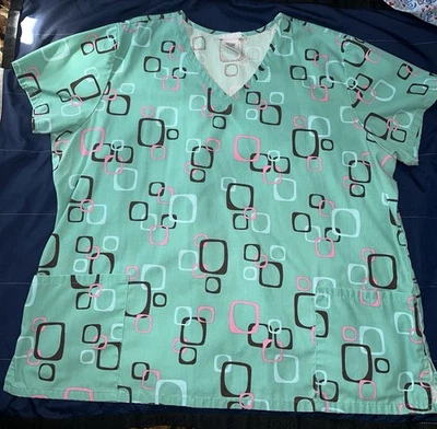 SB Scrubs Uniform Top teal square pattern women's scrub 2x Front Pockets V Neck - Image 1 of 3