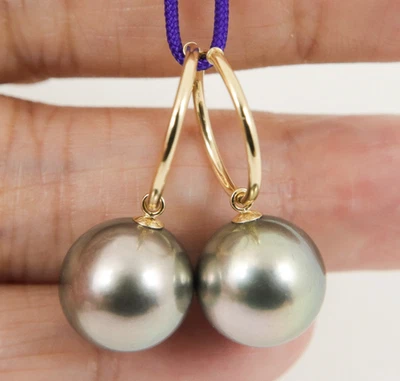 Pendientes de aro de oro de 18 quilates, 12,5 mm espejo brillo perlas de Tahití del Mar del Sur #E2519 Foto 1 de 4