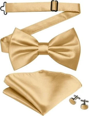 Pajarita de color liso y cuadrado de bolsillo con solapa pasador gemelos oro champán Foto 1 de 4