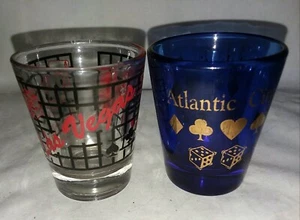 2 Shot Glasses Blue Atlantic City USA Las Vegas Nevada 2 1/4 Inch Vintage - Picture 1 of 4