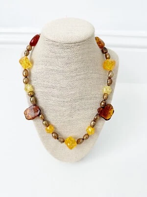 NWT Genuine Amber & Pearls Beaded Necklace Orange Gold Yellow - Image 1 of 4
