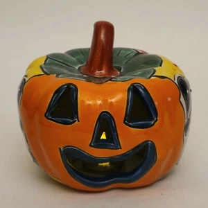 Talavera Mexican Art Pottery Jack-o-Lantern Candle Votive Holder Halloween - Picture 1 of 8