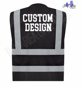 Custom Text Black Safety Vest High Visibility White Design REFLECTIVE 2"Strips - Picture 1 of 12