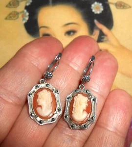 Antike Art Deco Schlafschnallen Silber Kamee Schale Markasiten - Bild 1 von 5