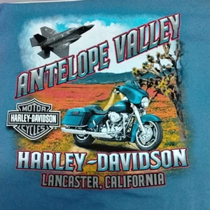 Men's 2XL Harley Davidson Motorcycles Blue T-Shirt NWT Lancaster CA - Picture 1 of 11