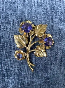 Vintage Flower Branch Sapphire Rhinestone Gold Tone Pin Brooch - Picture 1 of 7