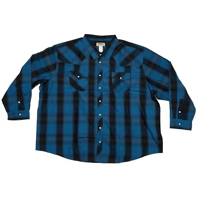 Duke Haband Pearl Snap Black/Blue Plaid Button Up Western Long Sleeve Shirt 4X - Image 1 of 4