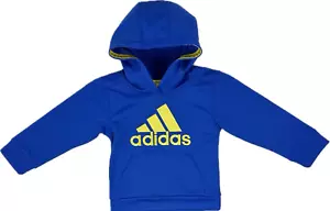 Felpa con cappuccio Adidas bambino blu giallo poliestere tasca frontale logo ricamato taglia 3T - Foto 1 di 2