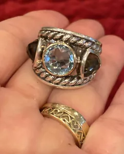 HUGE DESIGNER NF Sterling 14k Topaz Blue & Smoky Renaissance Chunky! Sz 8.75 925 - Picture 1 of 12
