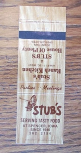 SPENCER, IOWA MATCHBOOK COVER: STUB'S RESTAURANTS EMPTY MATCHCOVER -A - Picture 1 of 1