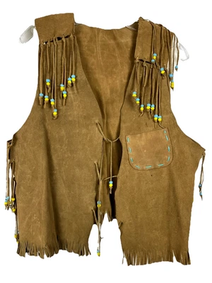 Vintage 60s hippie Vest  fringe beads blue yellow - Image 1 of 4