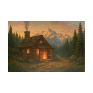 Berghütte von Firelight - 1000+-teiliges Puzzle Blockhaus & Gipfel bei Sonnenuntergang - Bild 1 von 4