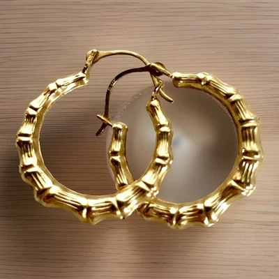 Pair of 14K Yellow Gold Bamboo Style Pierced Earrings, 3/4 inch - Image 1 of 4