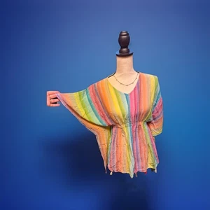 Y2K Eighteen Rainbow Striped Tassel Kaftan Top OS Boho Beach Bright Top - Bild 1 von 4