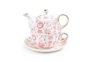 Grace Teaware Christmas Pink Bow Fine Porcelain Tea For One Set - Picture 1 of 5