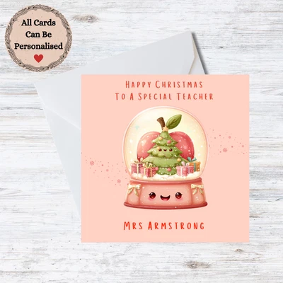 Personalised Teacher Christmas Card - Cute Snowglobe - Customisable Names - Image 1 of 3