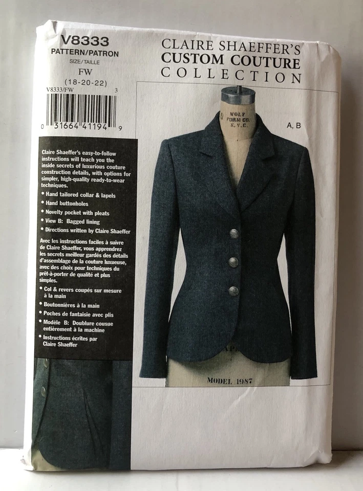 Vogue 8333 Misses Claire Shaeffer Couture Jacket Pattern Size 18-20-22 Uncut. - Image 1 of 2