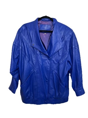 VTG 80s Electric Blue Oversized Leather Bomber Jacket Canada Made Patchwork P/S - Image 1 of 4