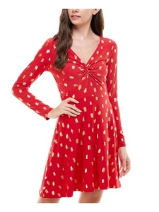 PLANET GOLD Womens Long Sleeve V Neck Short Fit + Flare Dress - Picture 1 of 10