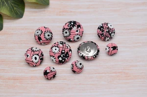 Set of 5 Floral Grid Fabric Covered Handmade Metal Shank Buttons-12mm,18mm,22mm - Picture 1 of 8