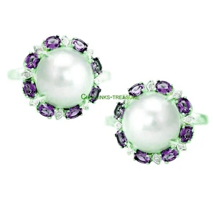 Natural Amethyst Pearl & CZ Gemstones 925 Sterling Silver Cufflinks for Men #89 - Picture 1 of 3