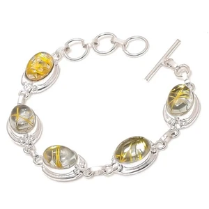Rutilated Quartz Gemstone Handmade 925 Sterling Silver Jewelry Bracelet Sz 7-8" - Picture 1 of 1