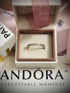 Authentic Pandora 14k Gold & Pink Enamel “RADIANT HEARTS” Ring 150186CZ Size 9 - Picture 1 of 16