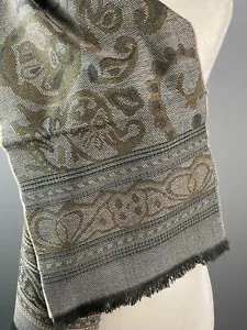 Elegant Olive & Gray Floral Paisley FIne Wool Jacquard Scarf * 52 x 11 - Picture 1 of 6