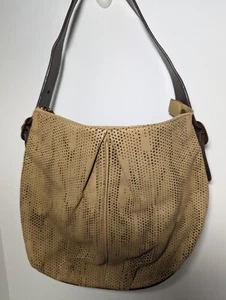 Hobo International Beige Hole Punched Design Handbag Brown Trim Floral Lining - Picture 1 of 5