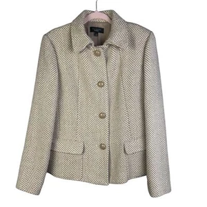 Talbots Blazer Herringbone Button Front Wool Blend Cream Tan Jacket Women 14 - Picture 1 of 10