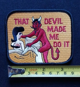 Devil Made Me Do It Funny Vintage Sew-On Embroidered Patch Biker Vest Jacket - Picture 1 of 8